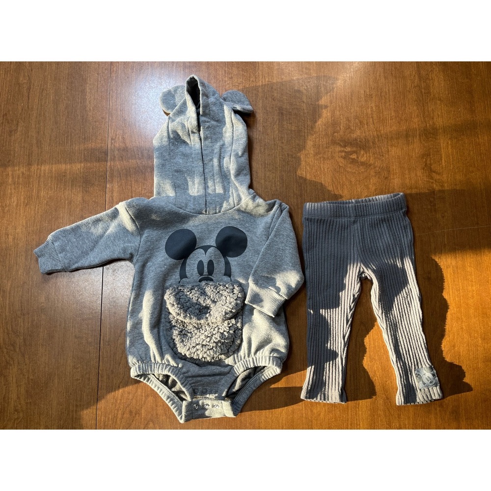 Mickey Mouse Hoodie Sweatshirt Kids Gray Ears Hooded Pullover Top & Pants 6-9 Mo